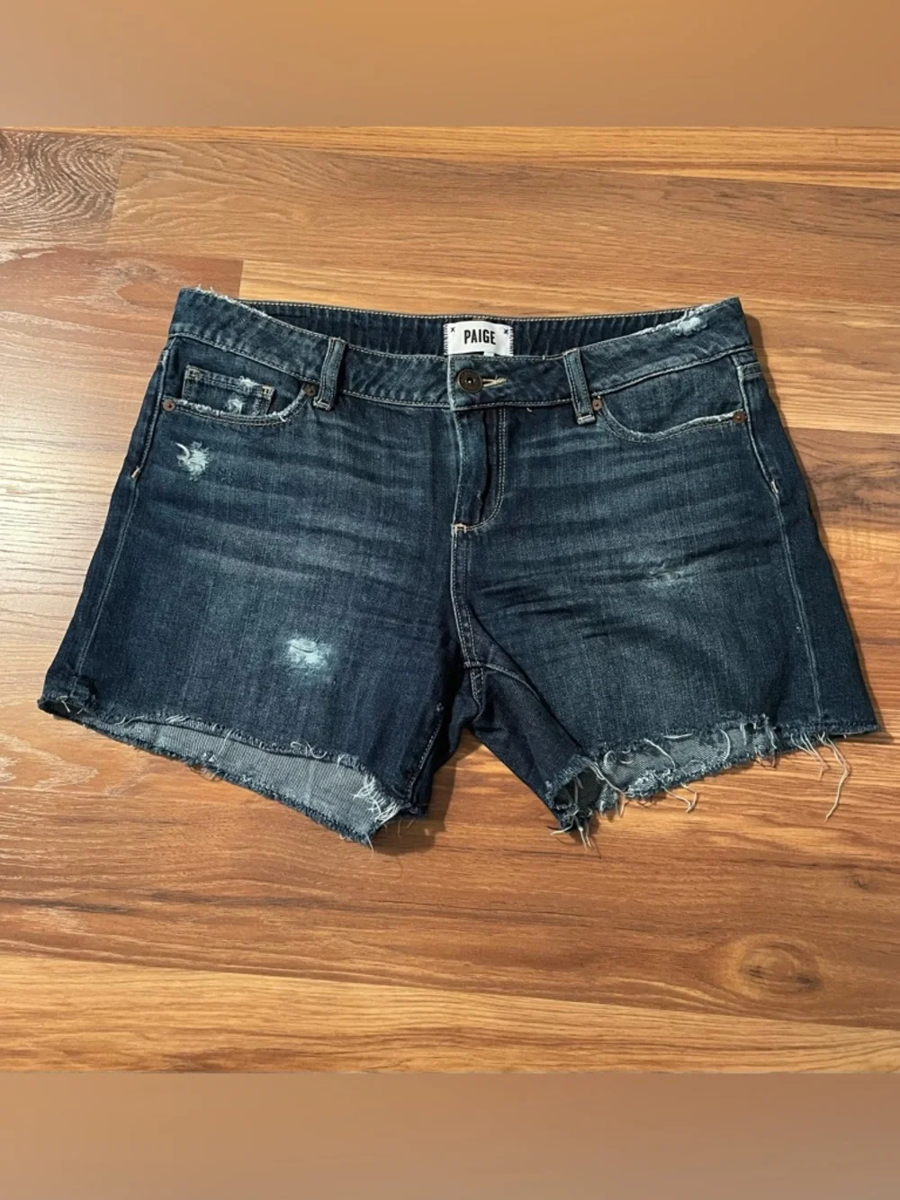 PAIGE Jimmy Jimmy Short Dark Wash Distressed High Waist Cut off - Women's 29 - Picture 1 of 5